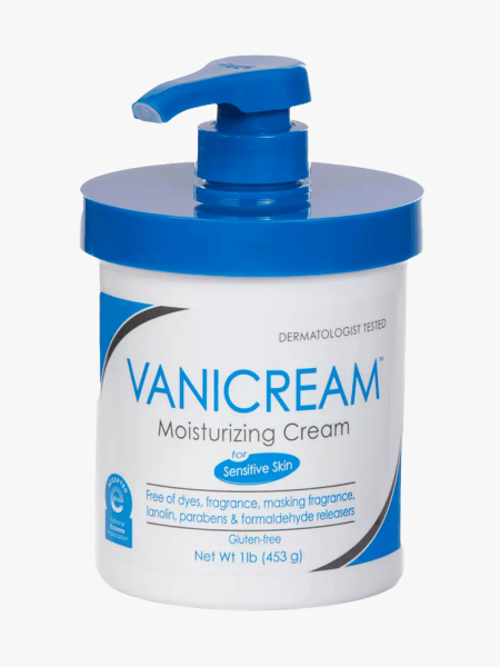Vanicream Moisturizing Cream in branded blue and white jar with pump on light gray background