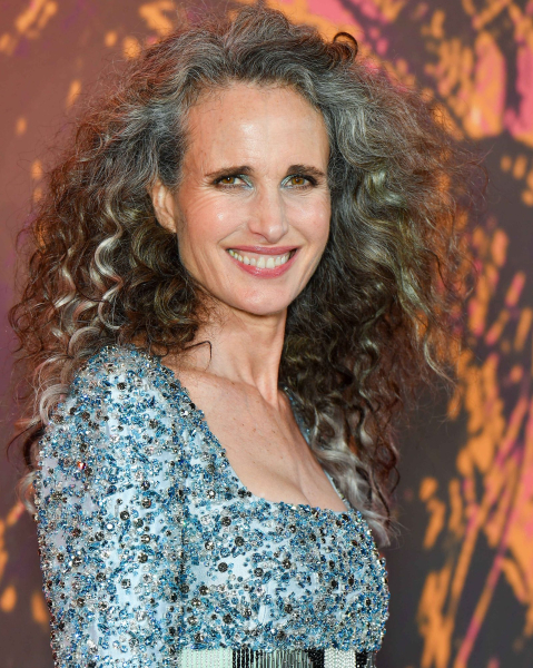 Andie MacDowell smiling in a blue beaded dress