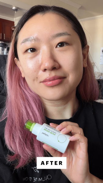 A selfie of Allure commerce editor Sarah Han after applying the Beplain Mung Bean Pore Tight Up Serum